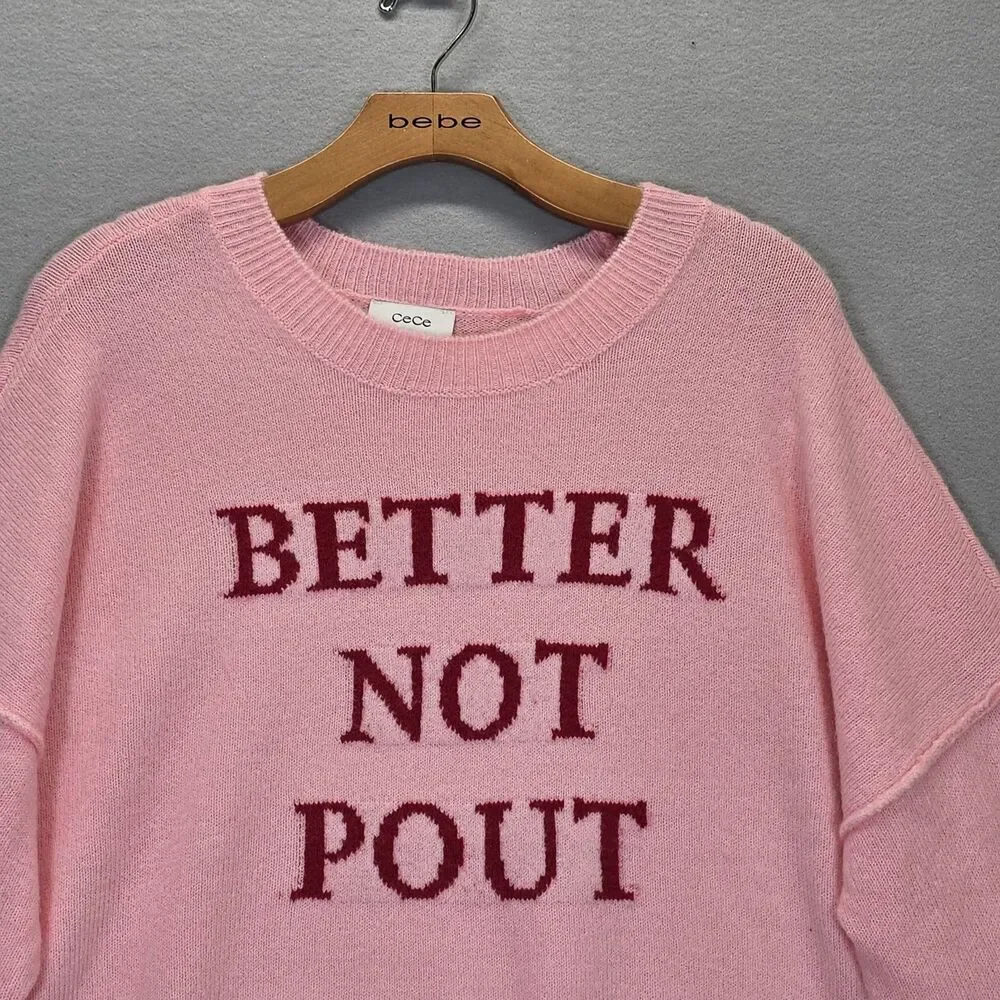 CECE Womens Large “Better Not Pout” Christmas Knit Sweater Top Pink